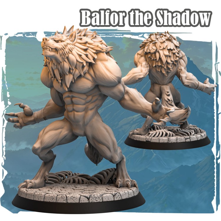 Balfor the Shadow – figurka fantasy 32mm przedstawiająca wilkołaka z pazurami, futrem i wilczą głową. Widok z przodu i tyłu, dynamiczna poza, podstawa z czaszkami. Idealna do gier bitewnych i RPG.