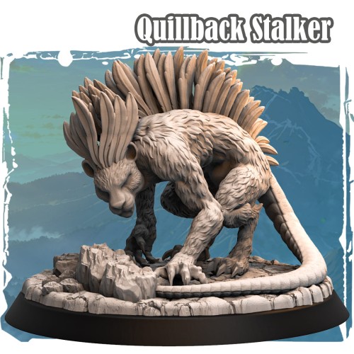 Quillback Stalker – figurka fantasy 32mm przedstawiająca zwierzęcego potwora z kolcami na grzbiecie, futrem i ogonem. Dynamiczna poza, skalista podstawa, idealna do gier bitewnych i RPG.