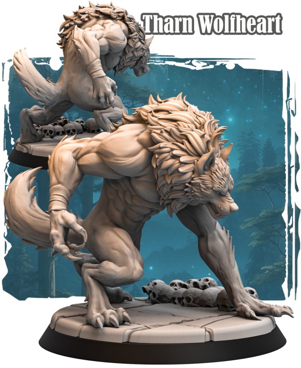 Tharn Wolfheart – figurka fantasy 32mm przedstawiająca wilkołaka w dynamicznej pozie z pazurami i ogonem. Skalista podstawa z czaszkami, tło leśne. Idealna do gier bitewnych i RPG.