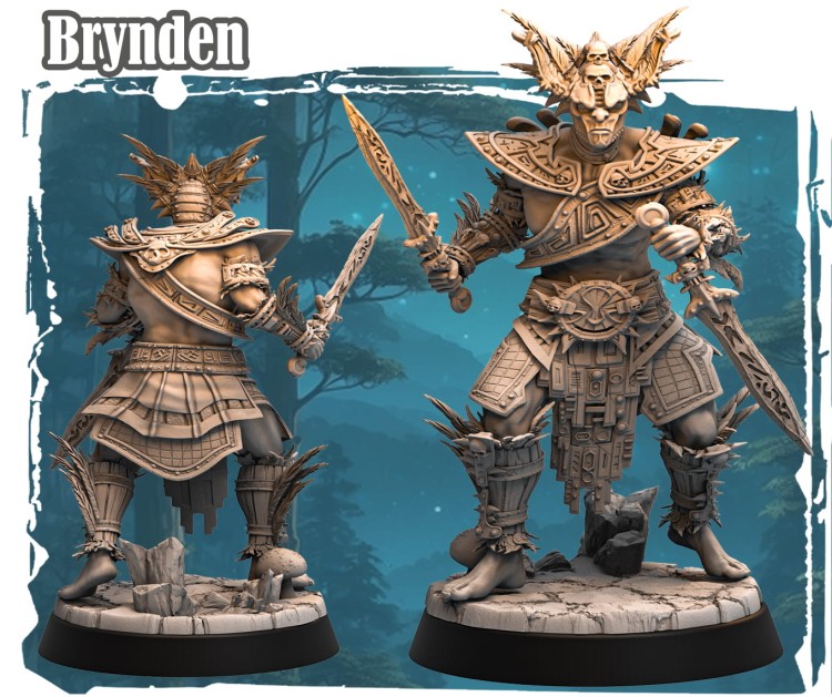 Brynden – figurka fantasy 32mm przedstawiająca wojownika z dwoma mieczami, hełmem z rogami i czaszką. Tribalowa zbroja, widok z przodu i tyłu, skalista podstawa z grzybami. Idealna do gier bitewnych i RPG.