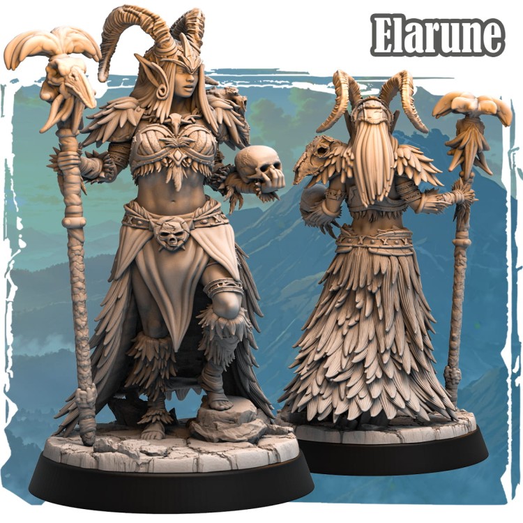 Elarune – figurka fantasy 32mm przedstawiająca czarodziejkę z rogami, czaszkami i rytualną laską. Widok z przodu i tyłu, detaliczna peleryna z piór, podstawa kamienna. Idealna do gier bitewnych i RPG.