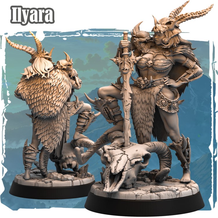 Ilyara – figurka fantasy 32mm przedstawiająca wojowniczkę z mieczem, hełmem z rogami i zbroją z motywami czaszek. Widok z dwóch stron, dynamiczna poza, podstawka z pękniętą czaszką. Idealna do gier bitewnych i RPG.