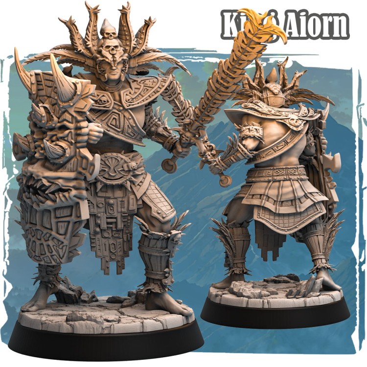 King Aiorn – figurka fantasy 32mm przedstawiająca władcę w ceremonialnej zbroi z płonącym mieczem i tarczą z bestią. Widok z przodu i tyłu, hełm z rogami i czaszką, podstawka skalna. Idealna do gier bitewnych i RPG.