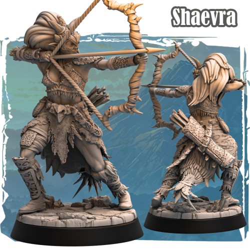Shavera – figurka fantasy 32mm przedstawiająca elfkę łowczynię z napiętym łukiem, tribalowym strojem i piórami. Dynamiczna poza, widok z przodu i tyłu, podstawka kamienna. Idealna do gier bitewnych i RPG.