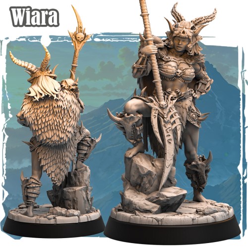 Wiara – figurka fantasy 32mm przedstawiająca półorkową wojowniczkę z kolczastą zbroją, czaszkami i futrzaną peleryną. Widok z przodu i tyłu, dynamiczna poza, podstawka skalna. Idealna do gier bitewnych i RPG.