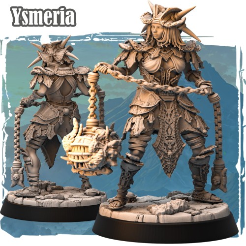 Ysmeria – figurka fantasy 32mm przedstawiająca półorkową wojowniczkę z kolczastą zbroją, hełmem z rogami i bronią na łańcuchu. Widok z przodu i tyłu, dynamiczna poza, podstawka skalna. Idealna do gier bitewnych i RPG.