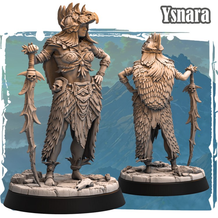 Ysnara – figurka fantasy 32mm przedstawiająca tribalową wojowniczkę z hełmem z czaszki, geometrycznym pancerzem i mieczem z motywem czaszek. Widok z przodu i tyłu, dynamiczna poza, podstawka skalna. Idealna do gier bitewnych i RPG.