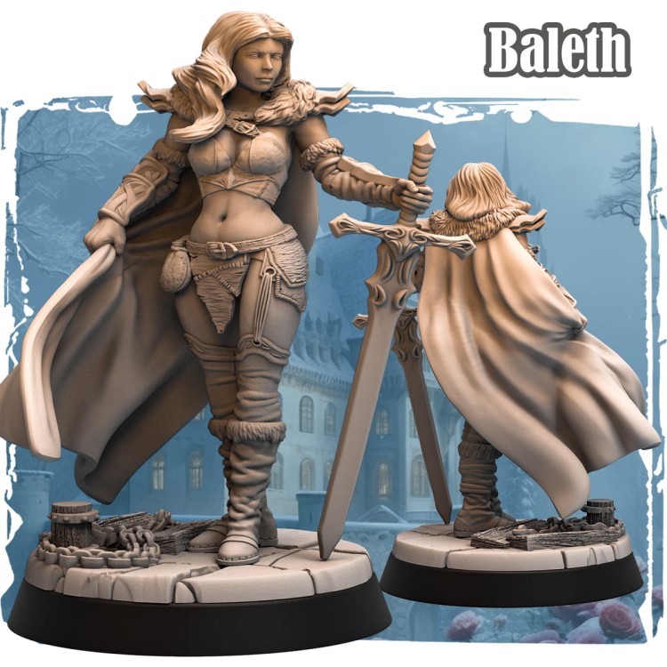 Baleth – figurka fantasy 32mm przedstawiająca wojowniczkę z mieczem, peleryną i ozdobną zbroją. Widok z przodu i tyłu, dynamiczna poza, podstawka z kamieniem, drewnem i łańcuchami. Idealna do gier bitewnych i RPG.