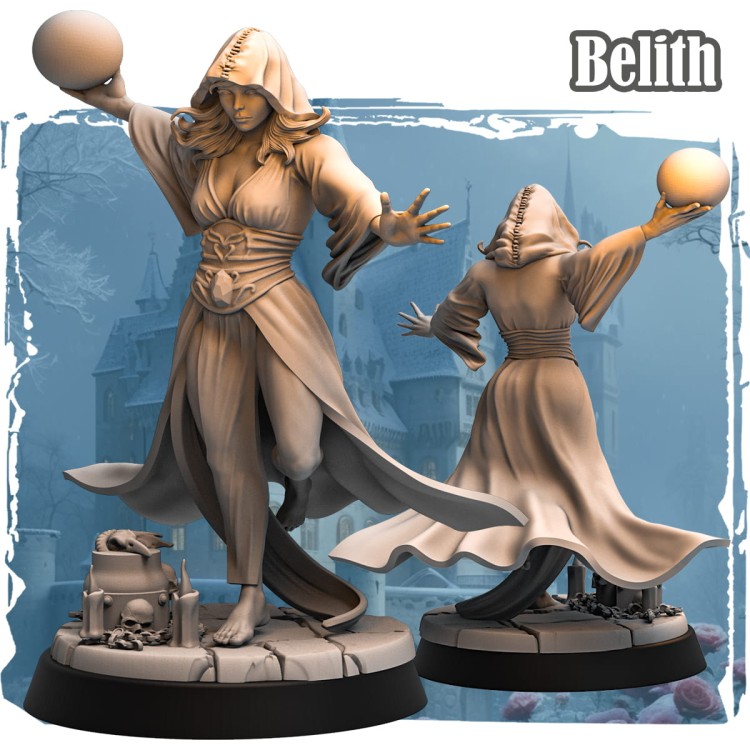 Belith – figurka fantasy 32mm przedstawiająca czarnoksiężniczkę w kapturze, z magiczną kulą i rytualną pozą. Widok z przodu i tyłu, dynamiczna peleryna, podstawka z czaszką, łańcuchem i stworem. Idealna do gier bitewnych i RPG.