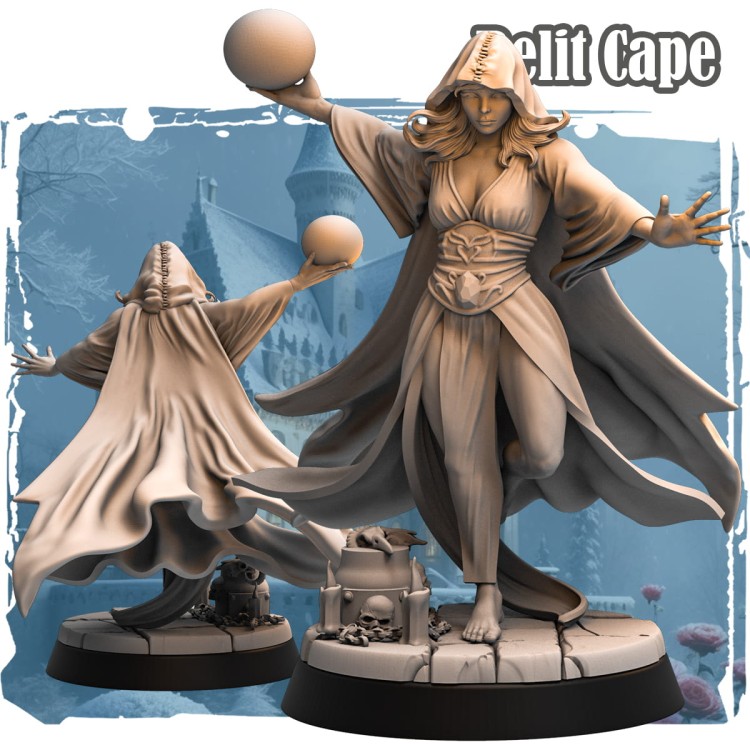 Belith – figurka fantasy 32mm przedstawiająca czarnoksiężniczkę w kapturze, z magiczną kulą i rytualną pozą. Widok z przodu i tyłu, dynamiczna peleryna, podstawka z czaszką, łańcuchem i stworem. Idealna do gier bitewnych i RPG.