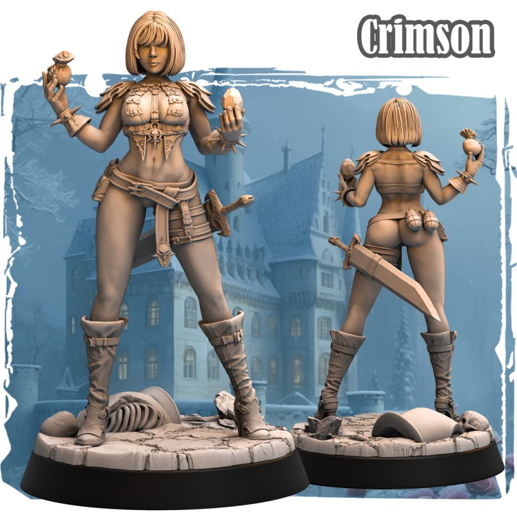Crimson – figurka fantasy 32mm przedstawiająca łotrzycę z fiolką i magicznym artefaktem. Widok z przodu i tyłu, dynamiczna poza, podstawka z czaszkami i ruinami. Idealna do gier bitewnych, RPG i kolekcji fantasy.