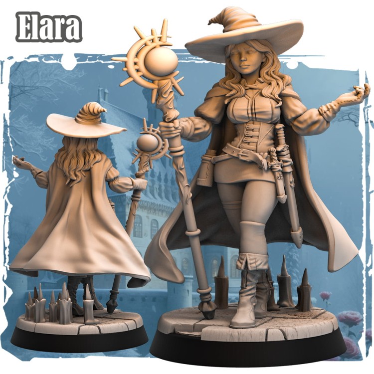 Elara – figurka fantasy 32mm przedstawiająca czarodziejkę z kosturem i kapeluszem. Widok z przodu i tyłu, dynamiczna poza, podstawka z kolcami i kamienną teksturą. Idealna do gier bitewnych, RPG i kolekcji fantasy.