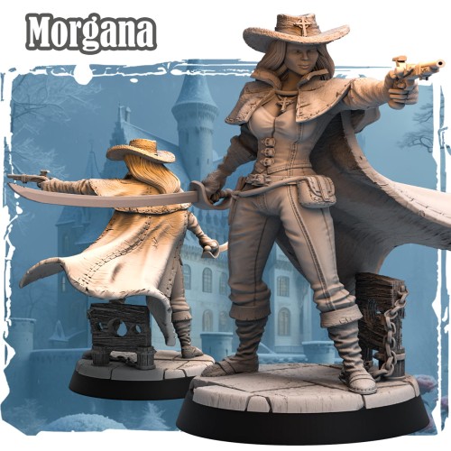Morgana – figurka fantasy 32mm przedstawiająca łotrzycę z pistoletem i szablą w dynamicznej pozie. Widok z przodu i tyłu, peleryna w ruchu, podstawka z deskami i łańcuchami. Idealna do gier bitewnych i RPG.