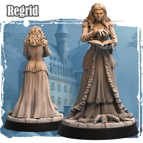 Regrid (księga) – figurka fantasy 32mm przedstawiająca czarodziejkę z otwartą księgą i gestem zaklęcia. Widok z przodu i tyłu, dynamiczna poza, podstawka z kamieniem i pazurami. Idealna do gier bitewnych i RPG.
