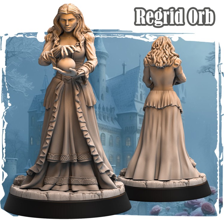 Regrid Orb – figurka fantasy 32mm przedstawiająca czarodziejkę z magiczną kulą w obu dłoniach. Widok z przodu i tyłu, intensywna mimika, podstawka z ornamentami. Idealna do gier bitewnych i RPG.