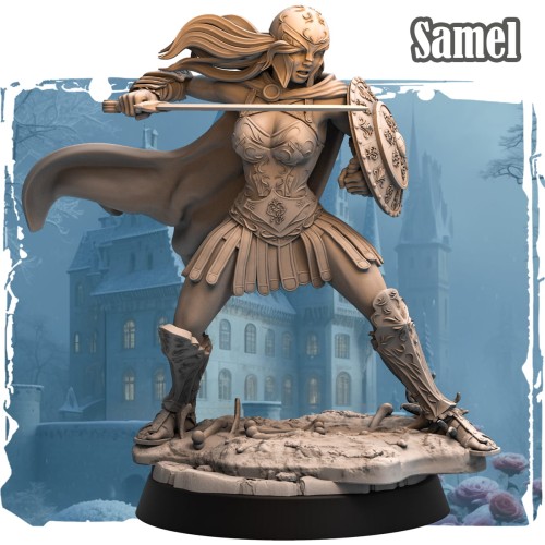 Samel – figurka fantasy 32mm przedstawiająca wojownika z mieczem i tarczą w dynamicznej pozie. Widok z przodu i tyłu, ozdobna zbroja, podstawka skalna z gruzem. Idealna do gier bitewnych, RPG i kolekcji fantasy.