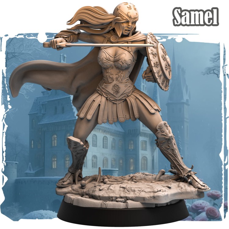 Samel – figurka fantasy 32mm przedstawiająca wojownika z mieczem i tarczą w dynamicznej pozie. Widok z przodu i tyłu, ozdobna zbroja, podstawka skalna z gruzem. Idealna do gier bitewnych, RPG i kolekcji fantasy.