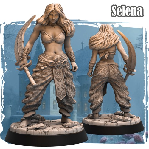 Selena – figurka fantasy 32mm przedstawiająca łotrzycę z dwoma zakrzywionymi mieczami w dynamicznej pozie. Widok z przodu i tyłu, ozdobne spodnie, podstawka z pękniętym kamieniem. Idealna do gier bitewnych i RPG.
