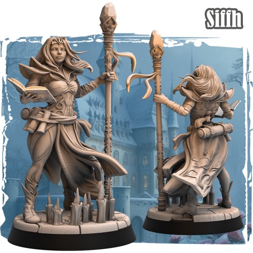 Siffh – figurka fantasy 32mm przedstawiająca czarodziejkę z kosturem i otwartą księgą. Widok z przodu i tyłu, ozdobne szaty, podstawka z kolcami i kamieniem. Idealna do gier bitewnych, RPG i kolekcji fantasy.
