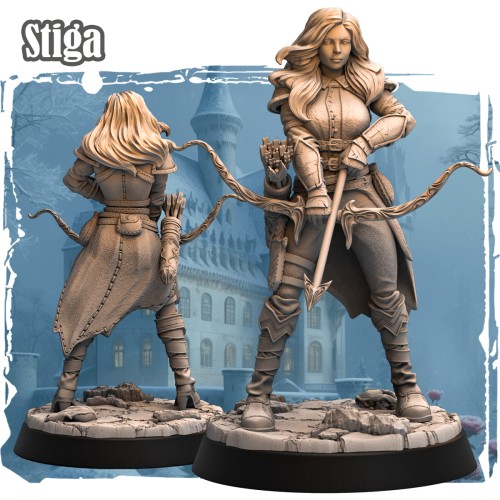 Stiga – figurka fantasy 32mm przedstawiająca łowczynię z łukiem i strzałą w dynamicznej pozie. Widok z przodu i tyłu, ozdobny płaszcz, podstawka skalna. Idealna do gier bitewnych, RPG i kolekcji fantasy.