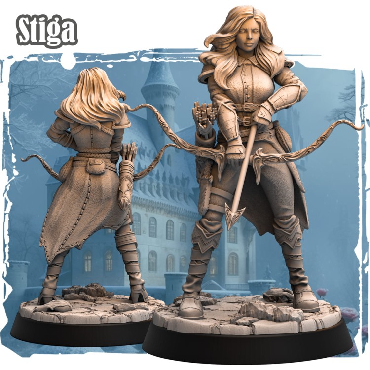 Stiga – figurka fantasy 32mm przedstawiająca łowczynię z łukiem i strzałą w dynamicznej pozie. Widok z przodu i tyłu, ozdobny płaszcz, podstawka skalna. Idealna do gier bitewnych, RPG i kolekcji fantasy.