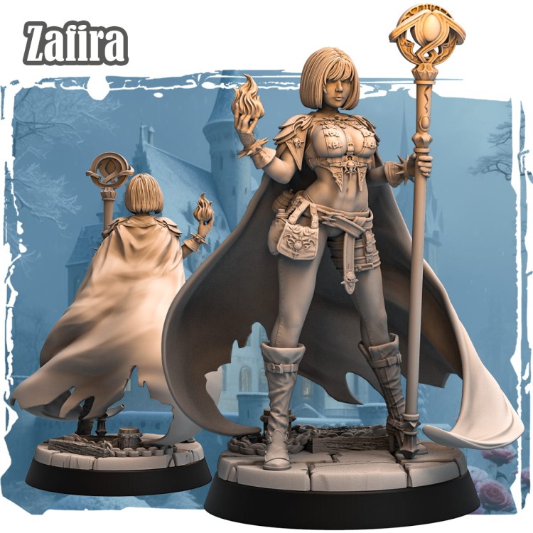 Zafira – figurka fantasy 32mm przedstawiająca czarodziejkę z płonącą kulą i kosturem. Widok z przodu i tyłu, dynamiczna poza, peleryna w ruchu, podstawka z kamieniem i łańcuchami. Idealna do gier bitewnych i RPG.