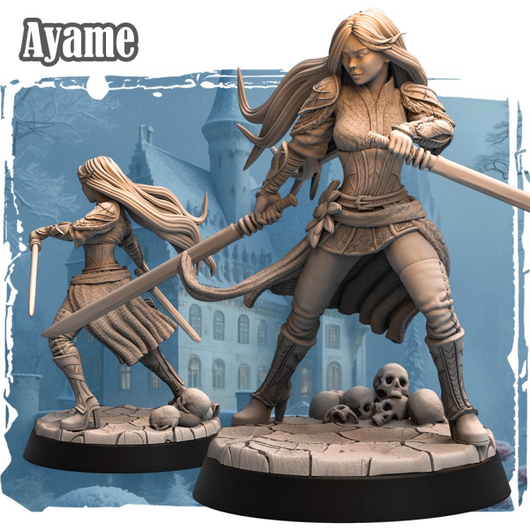 Ayame – dynamiczna figurka fantasy 32mm z serii Silverwood. Dwumieczna wojowniczka w szczegółowym pancerzu, idealna do gier RPG i kolekcji. Tło z zamkiem i zimowym krajobrazem.