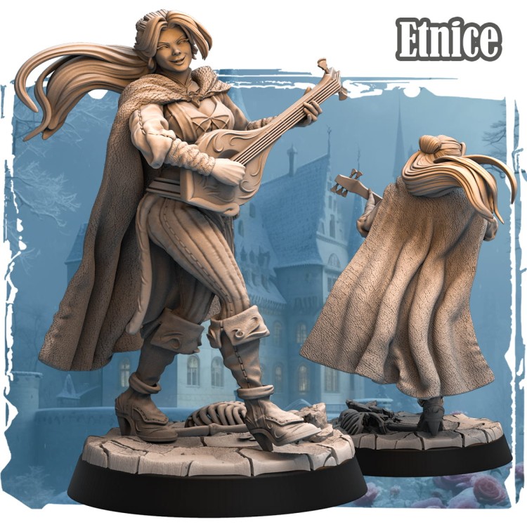 Etnice – elfia bardka z serii Silverwood. Figurka fantasy 32mm z lutnią, bogato zdobionym strojem i klimatycznym tłem zamku. Idealna do gier RPG i kolekcji.