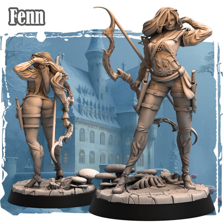 Fenn – figurka fantasy 32mm z serii Silverwood. Tieflinka z kosą i mieczem, dynamiczna poza, szczegółowy strój i mroczne tło z zamkiem. Idealna do gier RPG i kolekcji.