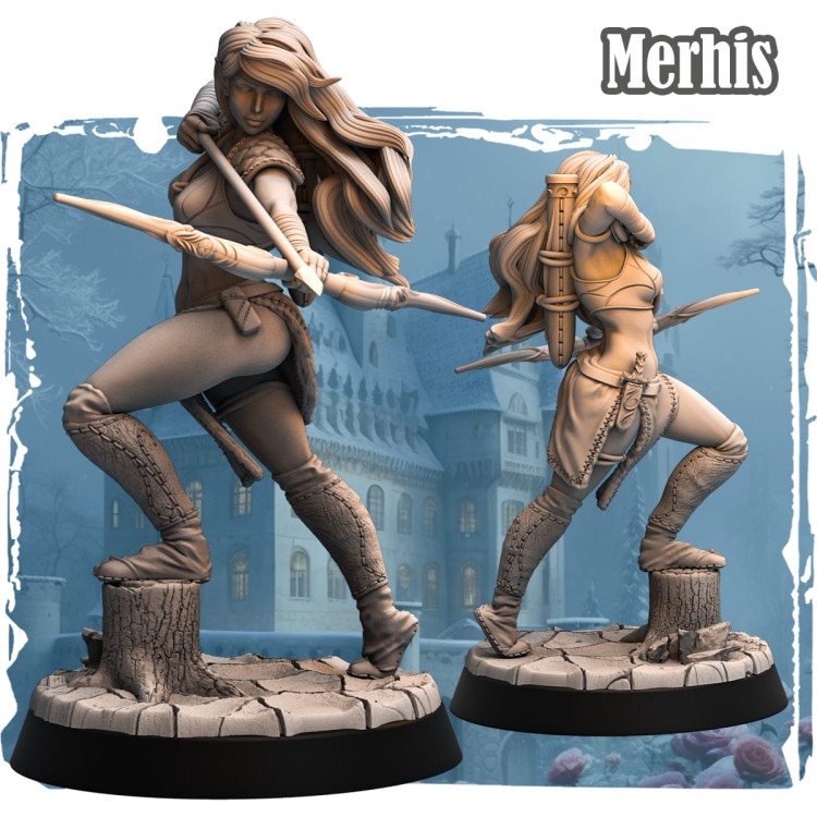 Merhis – figurka fantasy 32mm z serii Silverwood. Dwumieczna wojowniczka w dynamicznej pozie, z długimi włosami i szczegółowym strojem. Tło z zamkiem i motywem mrocznego fantasy.