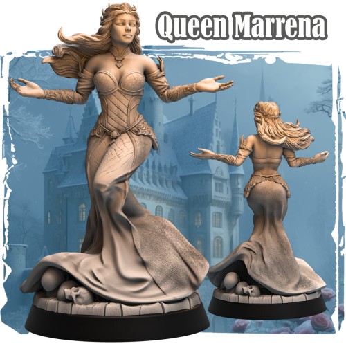 Queen Marrena – figurka fantasy 32mm z serii Silverwood. Elfia władczyni w królewskiej pozie, z koroną i zamkniętymi oczami. Tło z zamkiem i motywem mrocznego fantasy. Idealna do gier RPG.