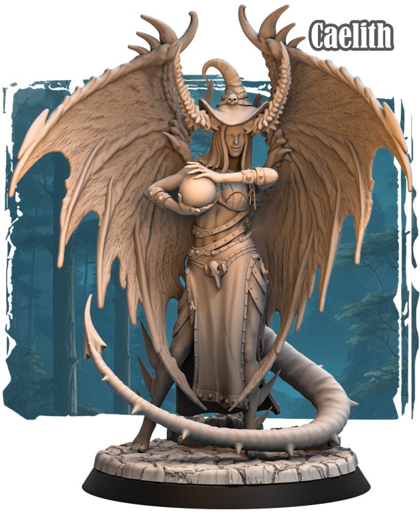 Caelith – figurka fantasy 32mm z serii Silverwood II. Tieflinka z magiczną kulą, skrzydłami i rogatą koroną. Tło z lasem i zamkiem. Idealna do gier RPG, kolekcji i malowania.