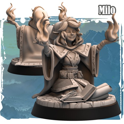 Milo – figurka fantasy 32mm z serii Silverwood II. Elf czarodziej z płonącymi dłońmi, runicznym strojem i otwartą księgą. Tło z górskim pejzażem. Idealna do gier RPG i kolekcji.