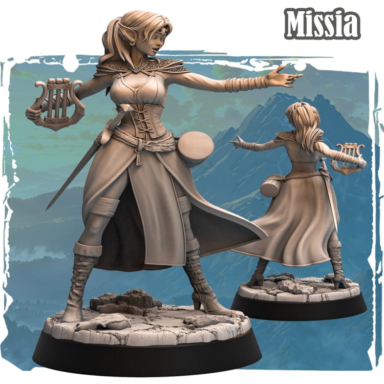 Missia – figurka fantasy 32mm z serii Silverwood II. Elfka bardka z lirą, zwojem i ozdobnym strojem. Tło z górskim pejzażem. Idealna do gier RPG, kolekcji i malowania.