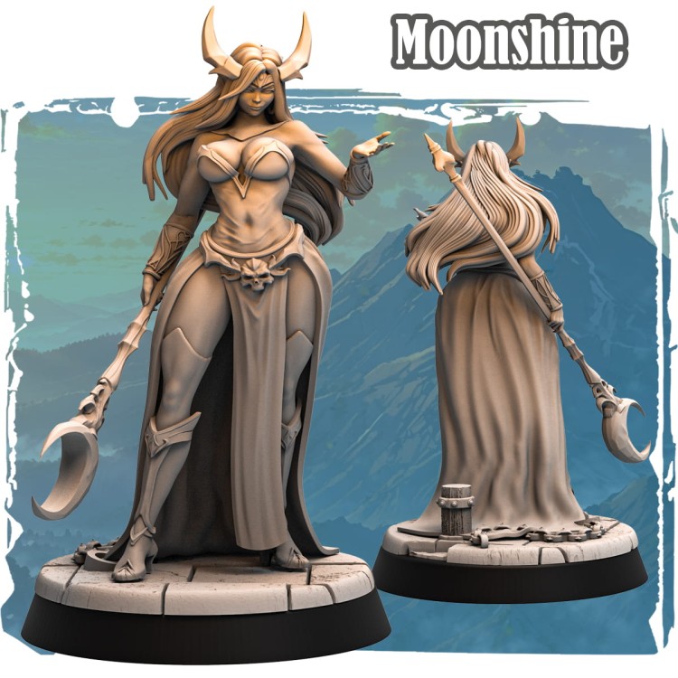 Moonshine – figurka fantasy 32mm z serii Silverwood II. Półelfia kapłanka z półksiężycowym kosturem, ozdobnym strojem i gestem rytualnym. Tło z górskim pejzażem. Idealna do gier RPG i kolekcji.
