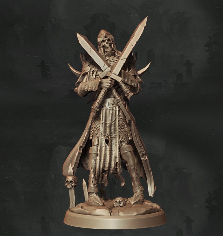 Figurka fantasy przedstawiająca skrytobójcę w ceremonialnej pozie, otoczonego symbolami śmierci i cienia. Doskonała do gier RPG, dioram i kolekcji. Szczegółowe wykończenie podkreśla mroczny charakter postaci.