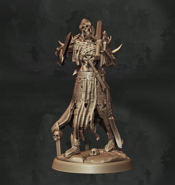 Figurka przedstawiająca skrytobójcę w szacie, otoczonego symbolami śmierci i cienia. Doskonała do gier RPG, dioram i kolekcji fantasy. Szczegółowe wykończenie podkreśla mroczny, rytualny charakter postaci.