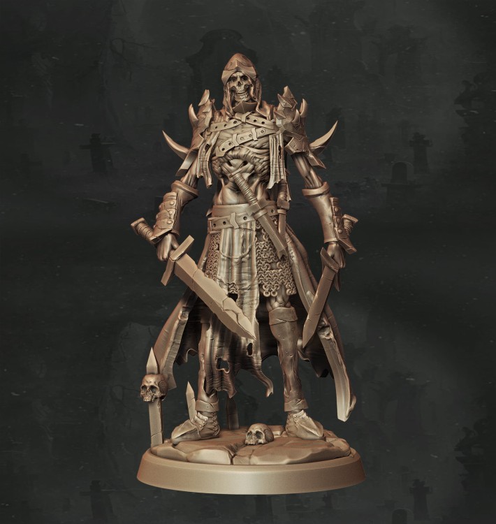 Figurka fantasy przedstawiająca wojownika w kolczastej zbroi, uzbrojonego w dwa zakrzywione miecze. Dynamiczna poza, agresywny design i bogate detale czynią ją idealnym wyborem do gier RPG, dioram i kolekcji o mrocznym klimacie.