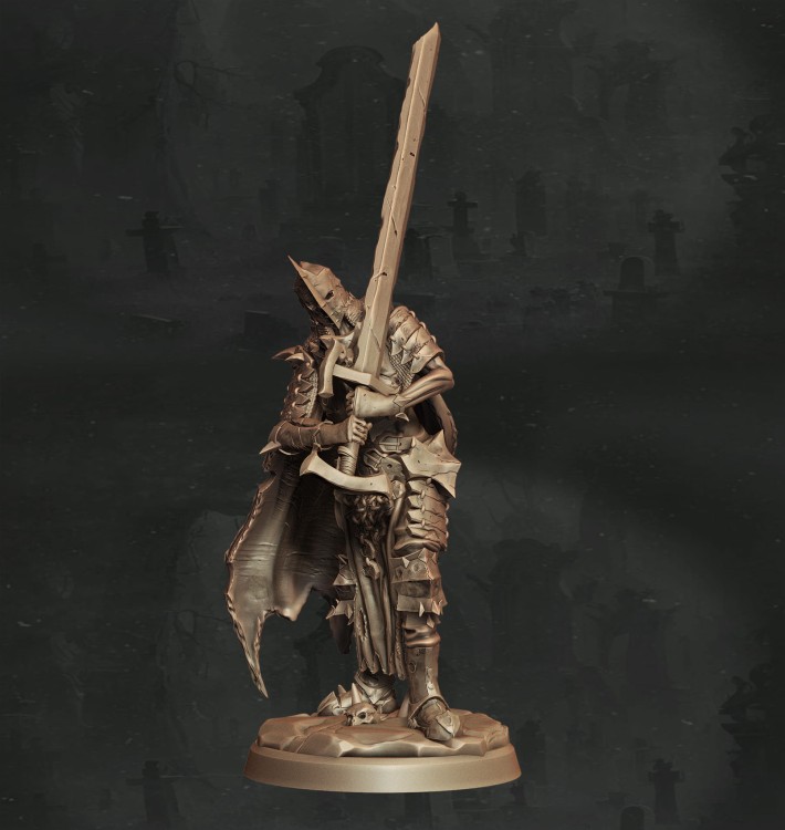 Figurka fantasy przedstawiająca opancerzonego berserkera z mieczem w bojowej pozie. Szczegółowa zbroja, dynamiczna kompozycja i epicki klimat czynią ją idealną do gier RPG, dioram i kolekcji o tematyce bitewnej.