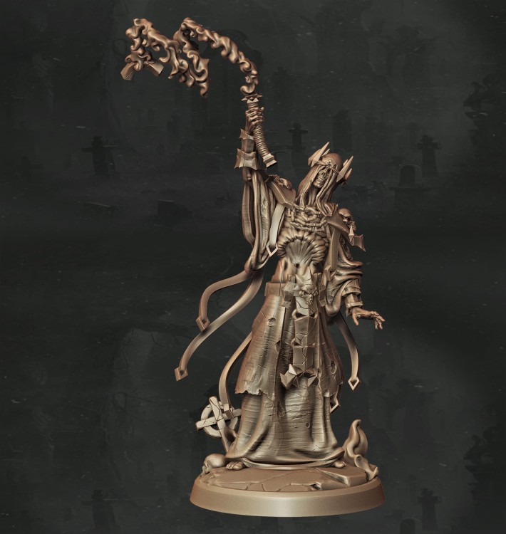 Figurka fantasy przedstawiająca czarodzieja w szacie, rzucającego zaklęcie z różdżką lub berłem. Dynamiczna poza, efekty magiczne i bogate detale czynią ją idealną do gier RPG, dioram i kolekcji o tematyce magii i przygody.