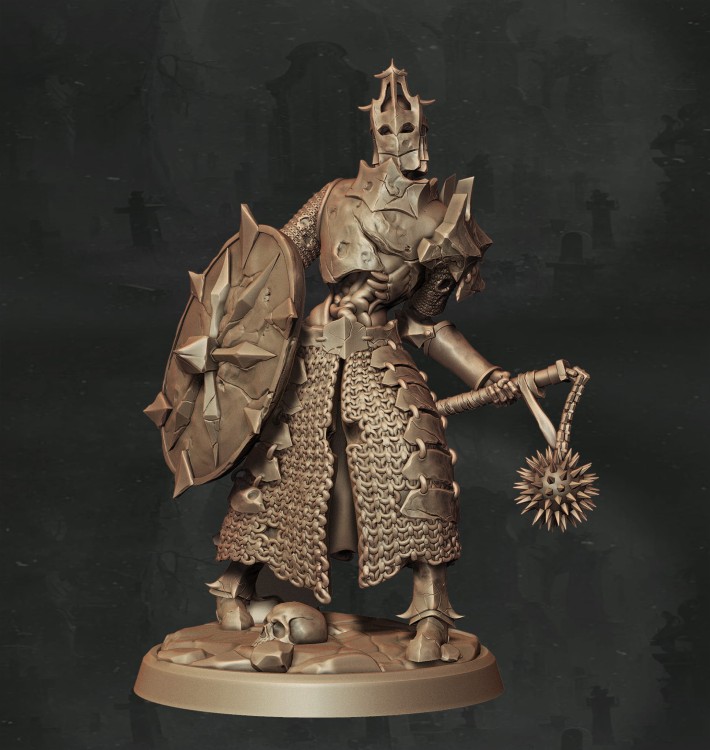 Figurka fantasy przedstawiająca opancerzonego wojownika z buławą i tarczą, w ceremonialnej szacie i hełmie. Bogate detale, dynamiczna poza i klasyczny klimat czynią ją idealną do gier RPG, dioram i kolekcji o tematyce walki i obrony.