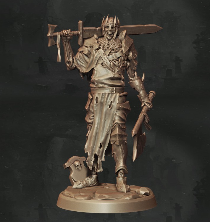 Figurka fantasy przedstawiająca wojownika z mieczem i tarczą, w zbroi i szacie, z towarzyszącym zwierzęciem u stóp. Bogate detale, dynamiczna poza i narracyjny klimat czynią ją idealną do gier RPG, dioram i kolekcji fantasy.