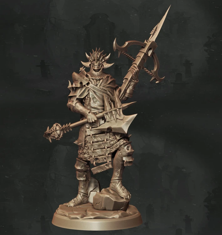 Figurka fantasy przedstawiająca elitarnego łucznika w zbroi z włócznią i ozdobnymi elementami. Bogate detale, dynamiczna poza i epicki klimat czynią ją idealną do gier RPG, dioram i kolekcji o tematyce walki, precyzji i strategii.