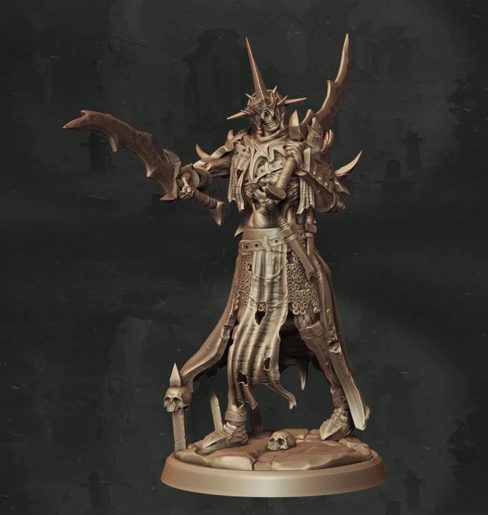 Figurka fantasy przedstawiająca demonicznego zabójcę w zbroi z rogami, włócznią i magicznymi ornamentami. Bogate detale, dynamiczna poza i mroczny klimat czynią ją idealną do gier RPG, dioram i kolekcji o tematyce skrytobójstwa i cienia.