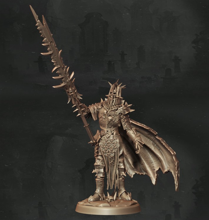 Figurka fantasy przedstawiająca berserkera w ciężkiej zbroi z włócznią i peleryną, w dynamicznej pozie bojowej. Bogate detale, brutalna energia i epicki klimat czynią ją idealną do gier RPG, dioram i kolekcji o tematyce furii i siły.