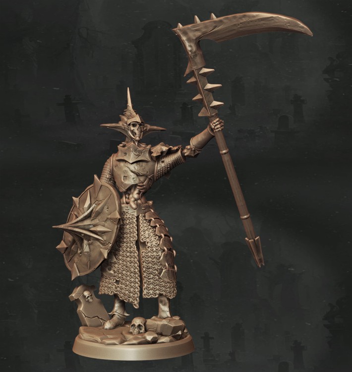 Figurka fantasy przedstawiająca strażnika w pelerynie i kapeluszu z magiczną kosą, stojącego w pozie rytualnej. Bogate detale, mroczny klimat i narracyjna kompozycja czynią ją idealną do gier RPG, dioram i kolekcji o tematyce magii i straży.