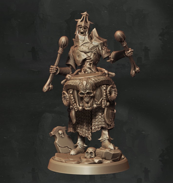 Dynamiczna figurka Commander Drummer z serii Army of Darkness, przedstawiająca nieumarłego-barda prowadzącego armię rytmicznym werblem. Idealna do gier bitewnych i RPG, świetna jako bohater lub dowódca.