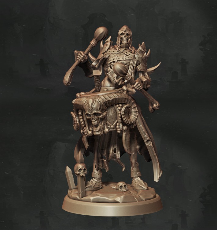 Dynamiczna figurka Commander Drummer z serii Army of Darkness, przedstawiająca nieumarłego-barda prowadzącego armię rytmicznym werblem. Idealna do gier bitewnych i RPG, świetna jako bohater lub dowódca.