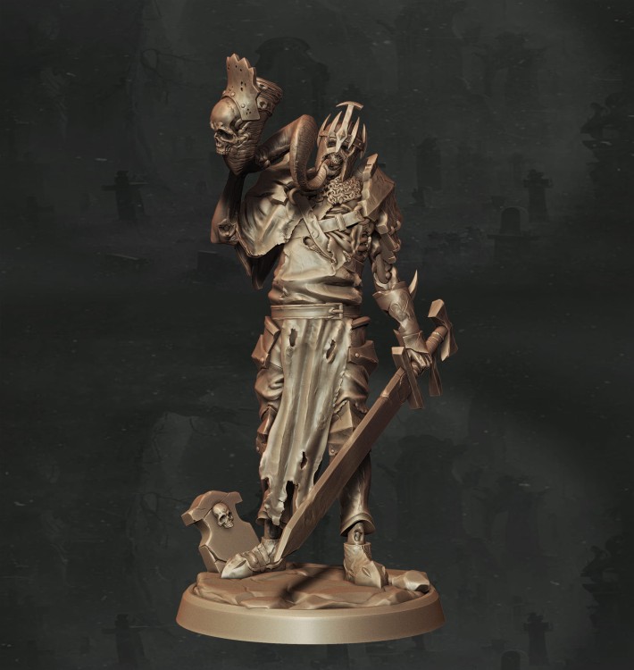Mroczny wojownik fantasy z mieczem i odciętą głową, w koronie z rogami i zbroi pełnej czaszek. Idealny do sesji RPG, kolekcji figurek i dioram bitewnych w klimacie dark fantasy i horroru.