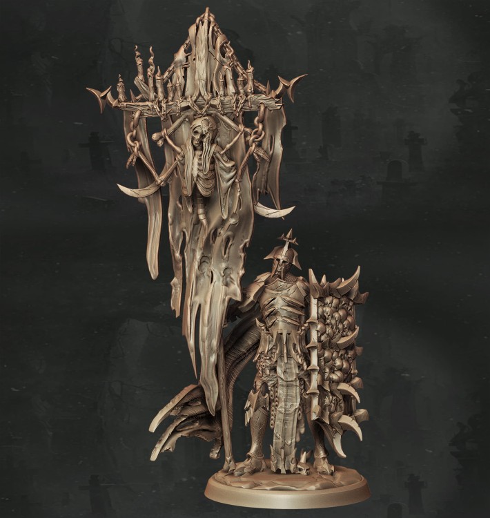 Nieumarły wojownik z ogromną tarczą i sztandarem pełnym świec i łańcuchów, idealny do sesji RPG i kolekcji fantasy. Doskonały wybór dla fanów mrocznego klimatu i gotyckich dioram bitewnych.